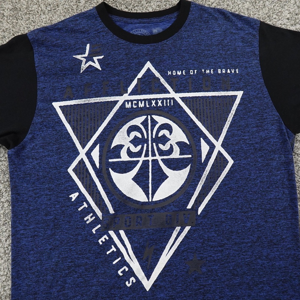 Affliction Shirt Mens 2XL Blue Graphic Logo Short Sleeve Cyber‎ Goth Grunge Y2K
